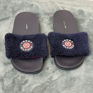 Tommy Hilfiger Women's Navy Blue Faux Fur Logo Slide Sandals US 6M Casual